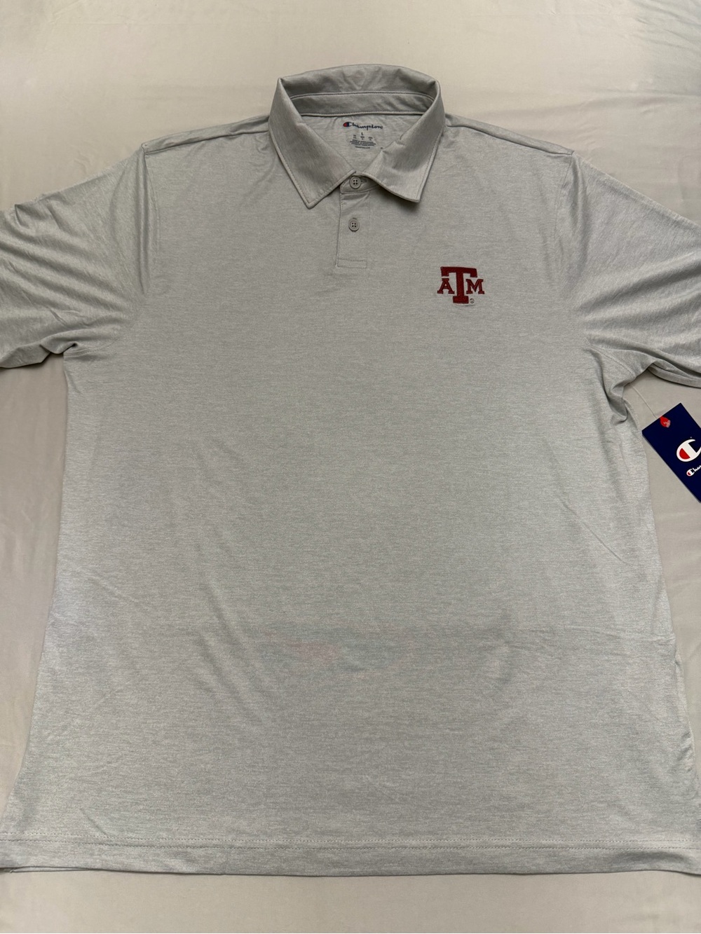 Champion Men's Light Gray Polo with Maroon Texas A&M Logo
